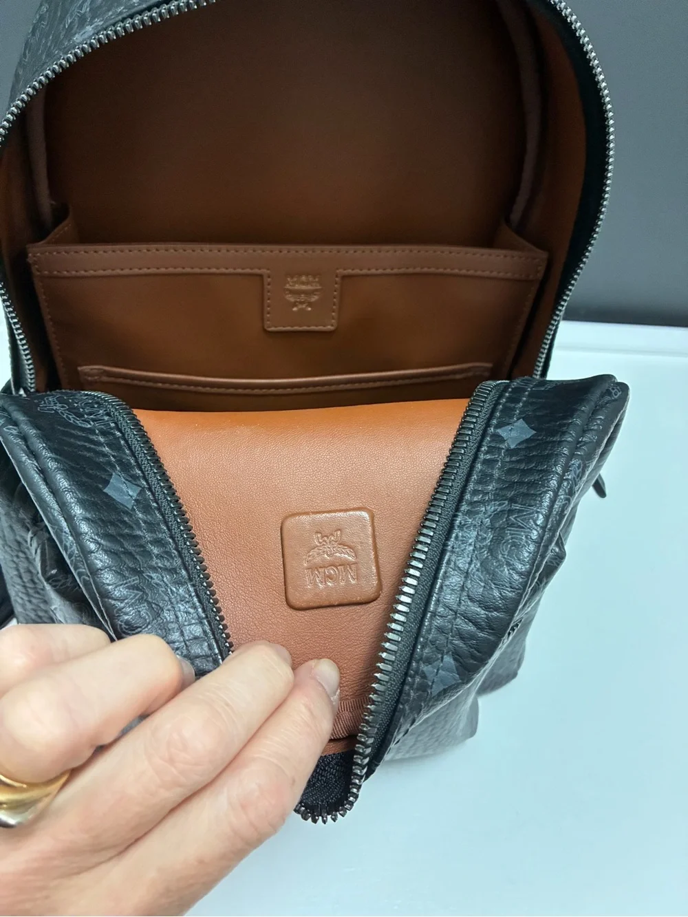 MCM Metallic Gray Monogram Backpack